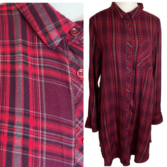 Max Red Magenta Plaid Long Button Up Tunic/Shirt Lightweight (no belt)Sz XL - Picture 1 of 15